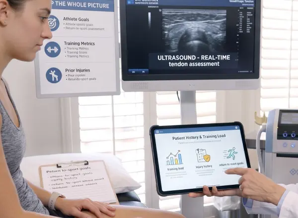 Reviewing history, training load and a real-time ultrasound tendon assessment with a patient
