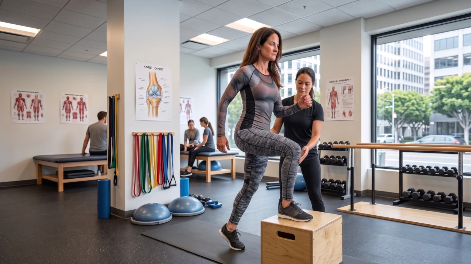 A physical therapist guiding a patient through a step-up exercise during knee rehabilitation