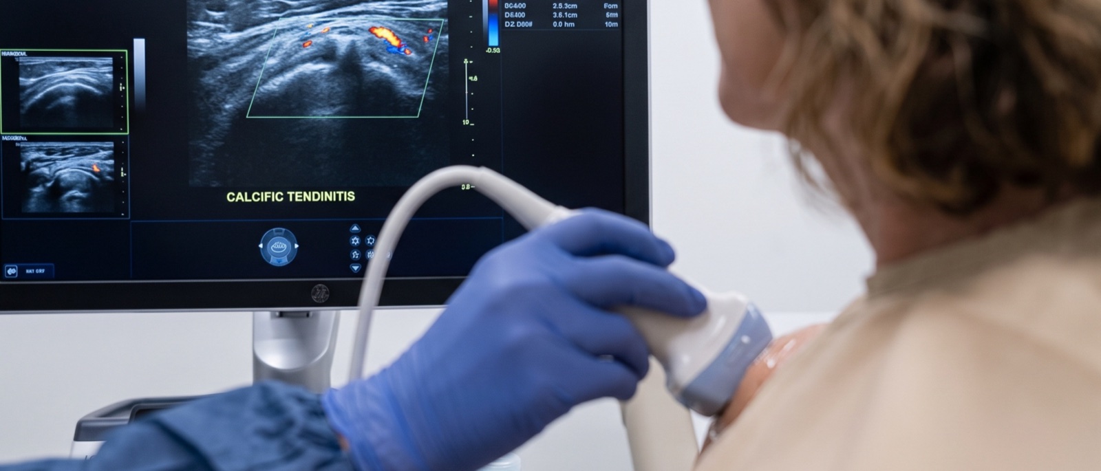 Diagnostic musculoskeletal ultrasound of a shoulder being performed in the office